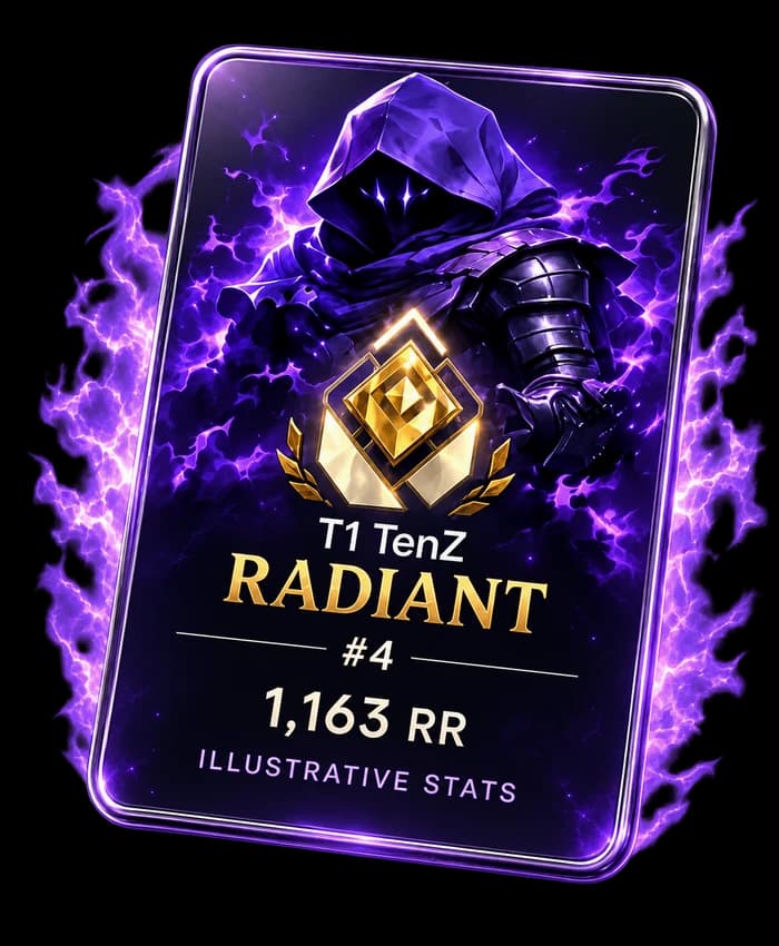 Illustrative T1 TenZ poster featuring Omen and Radiant, number 4 with 1,163 RR. Not live player data or an endorsement.